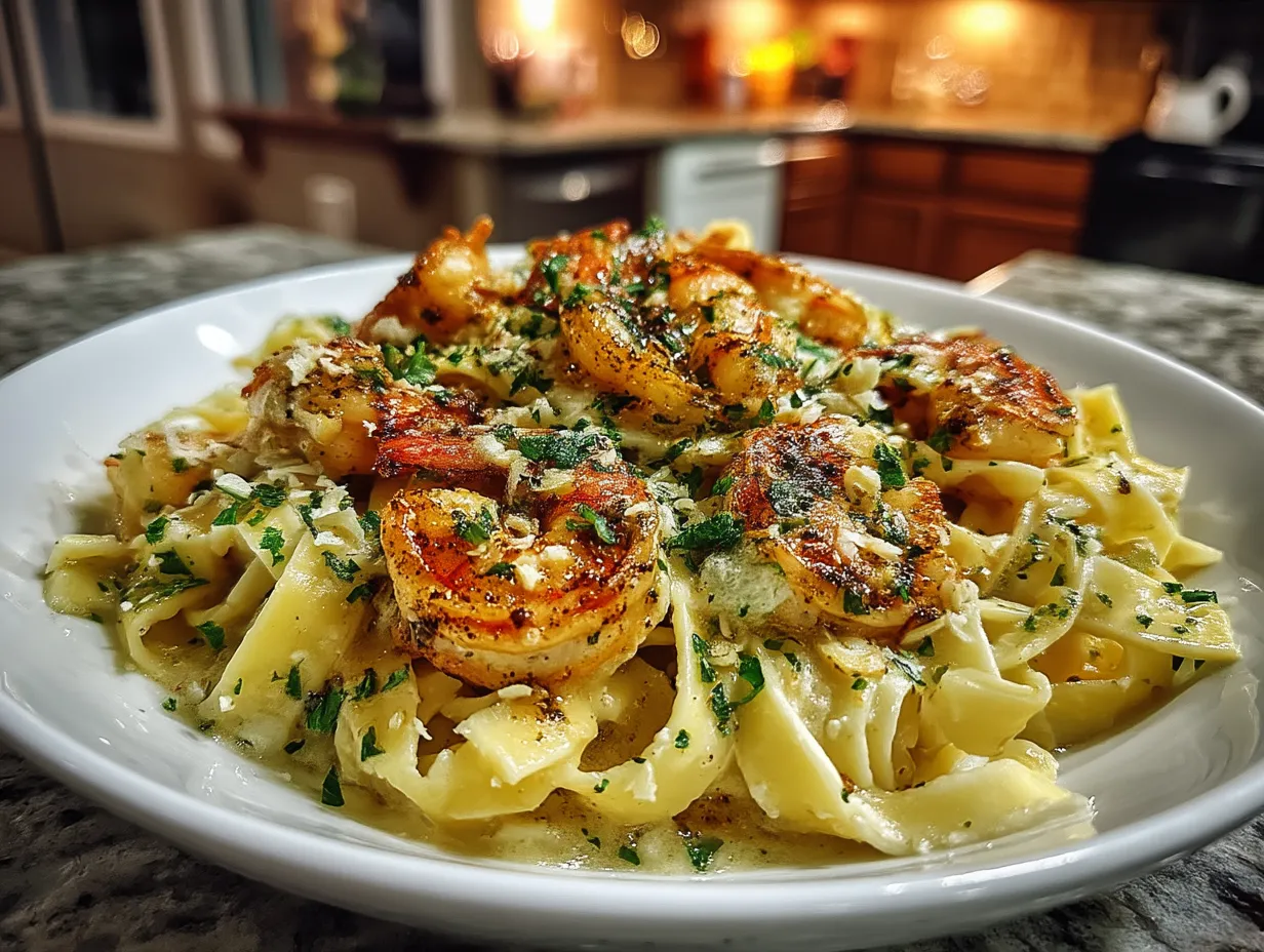 Serving Shrimp Fettuccine Alfredo with Roasted Garlic