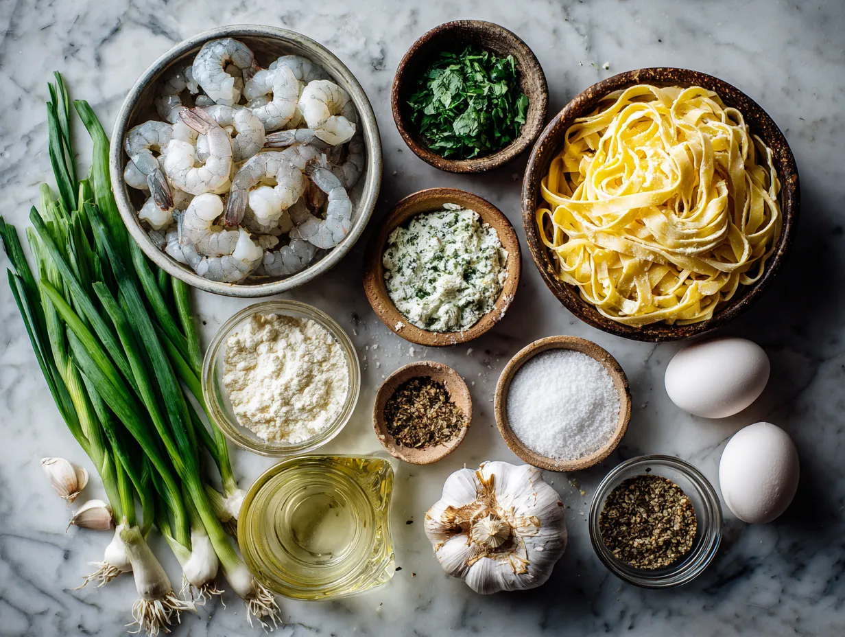 Ingredients for Shrimp Fettuccine Alfredo with Roasted Garlic