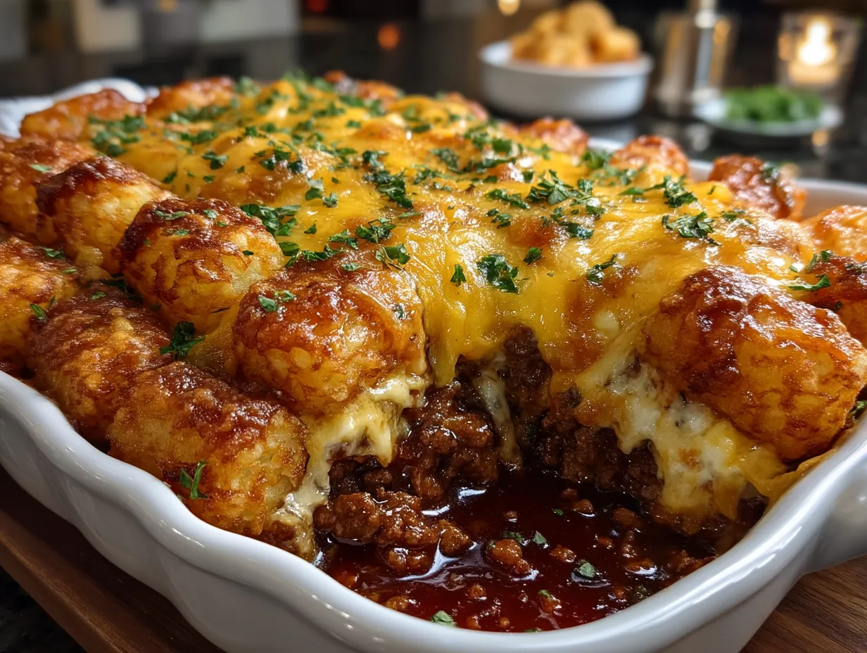 Serving Sloppy Joe Ground Turkey Casserole with Tater Tots