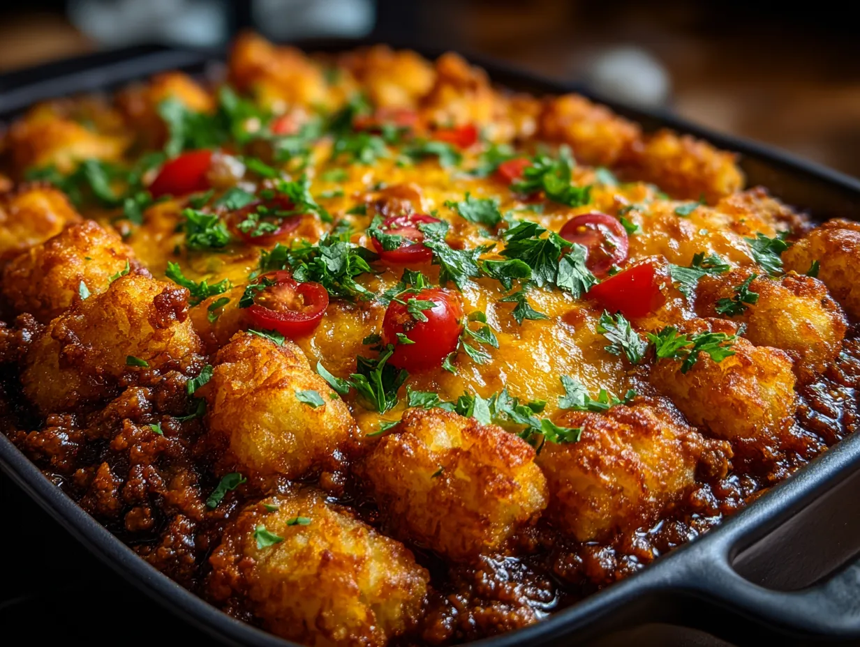 Sloppy Joe Ground Turkey Casserole with Tater Tots