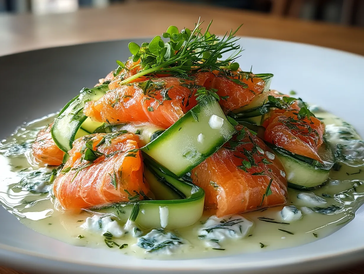 Presentation of Smoked Salmon and Cucumber Ribbon Salad with Cream Cheese
