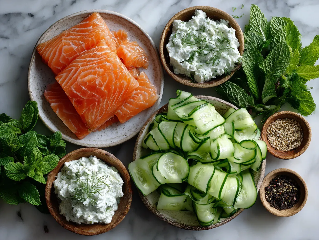 Ingredients for Smoked Salmon and Cucumber Ribbon Salad with Cream Cheese