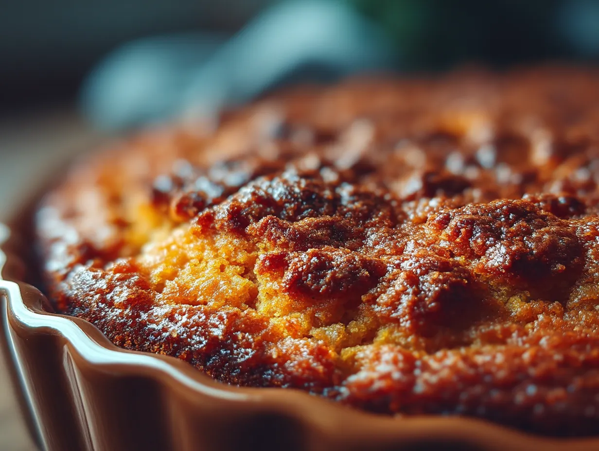 Southern style sweet potato casserole presented on festive table