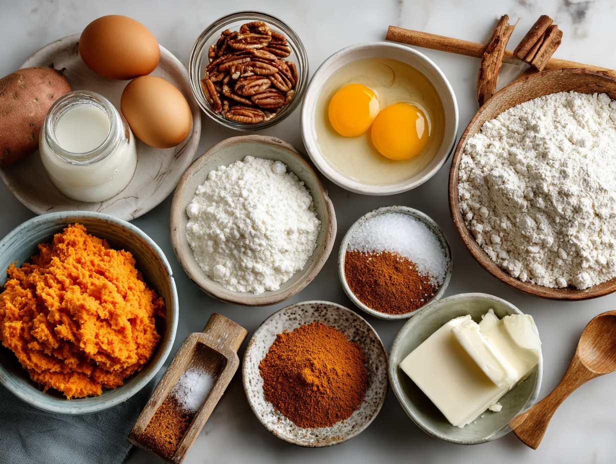 Ingredients for Southern Style Sweet Potato Casserole on kitchen counter
