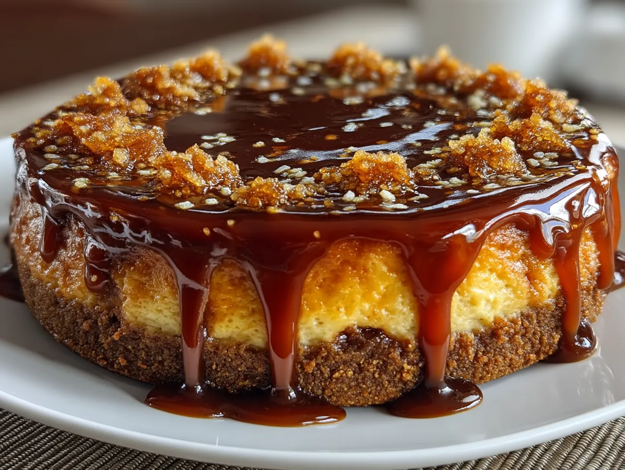 Serving Spiced Gingerbread Cheesecake with Caramel Glaze on a rustic wooden board