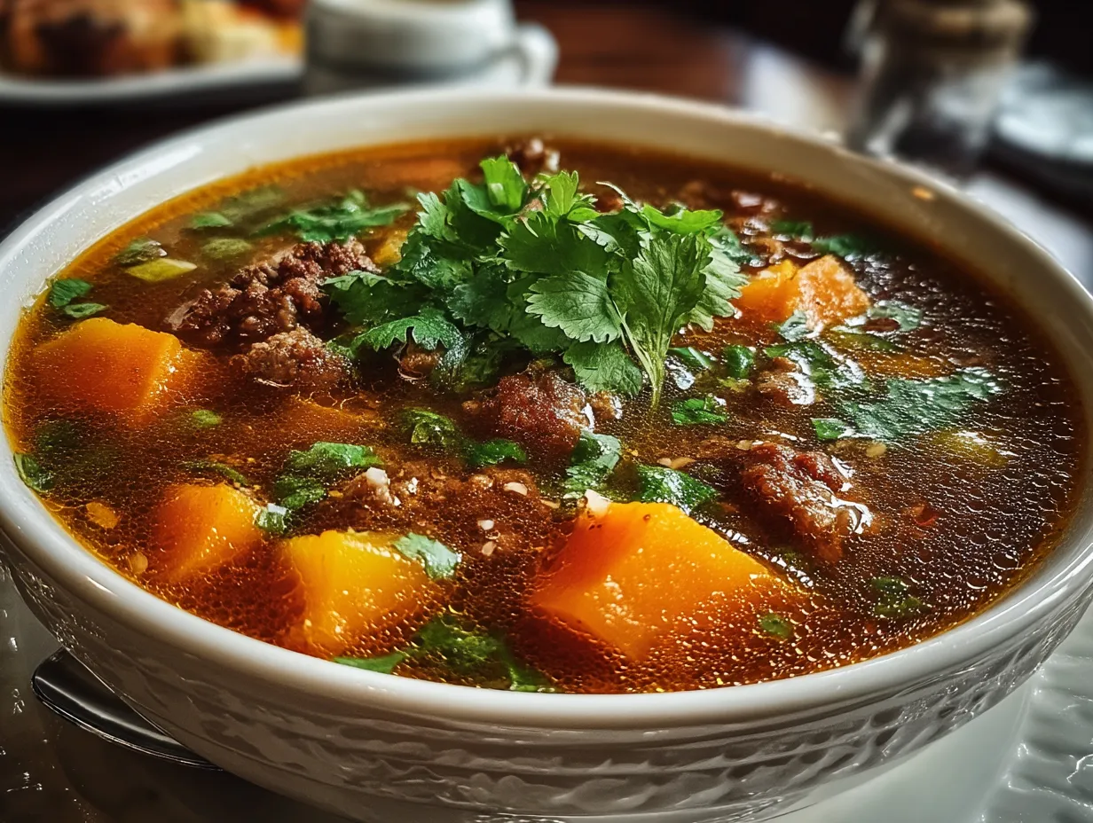Serving Spicy Minced Beef and Sweet Potato Puchero Soup with fresh herbs