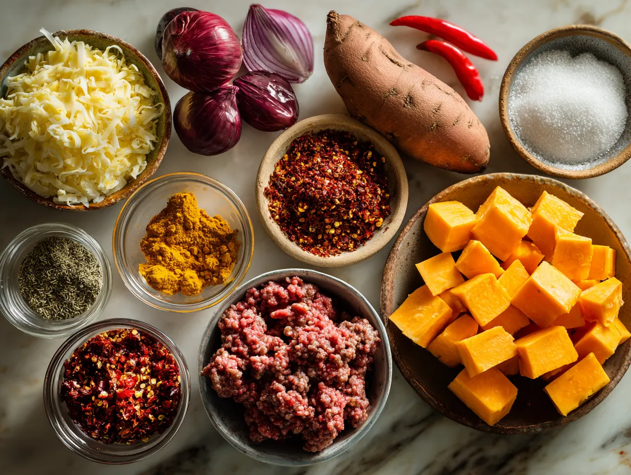 Ingredients for Spicy Minced Beef and Sweet Potato Puchero Soup