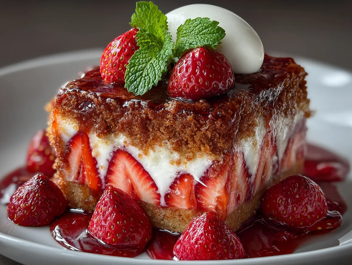 A beautifully presented slice of Strawberry Earthquake Cake with fresh strawberry garnish