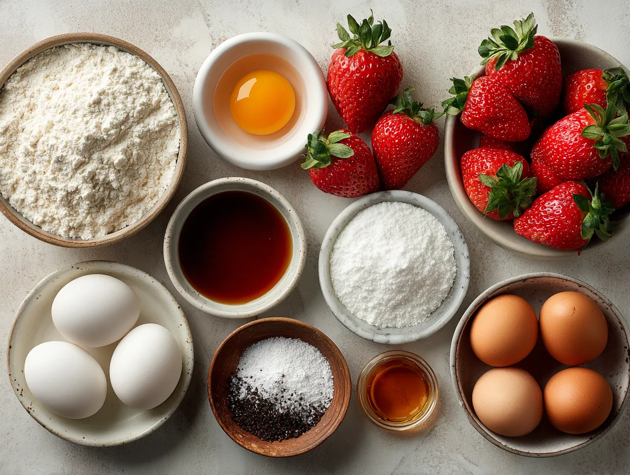 Ingredients for Strawberry Earthquake Cake laid out on a table