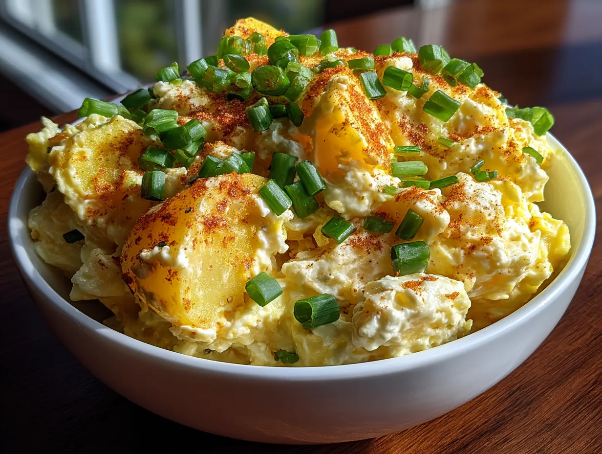 Serving Traditional Jamaican Potato Salad with Scallions