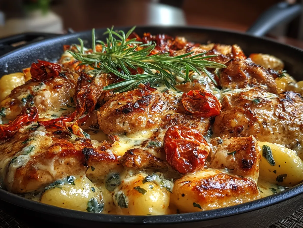 Serving Tuscan Chicken and Gnocchi Skillet