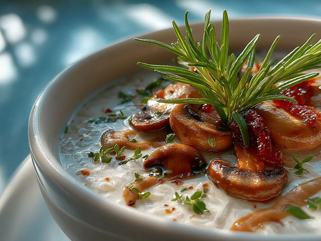 Serving wild rice and mushroom soup garnished with fresh herbs