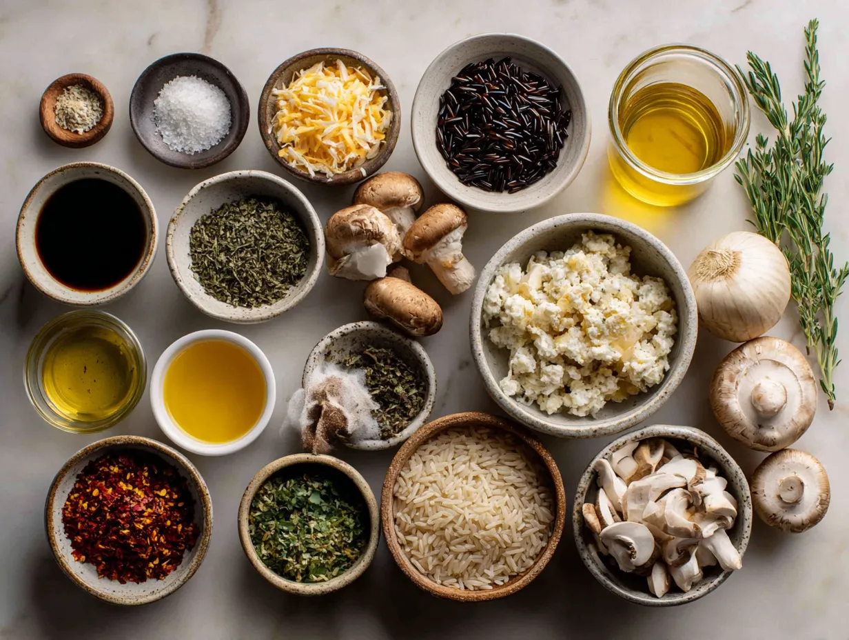 Ingredients for wild rice and mushroom soup including wild rice, mushrooms, onion, garlic, vegetable broth, and cream